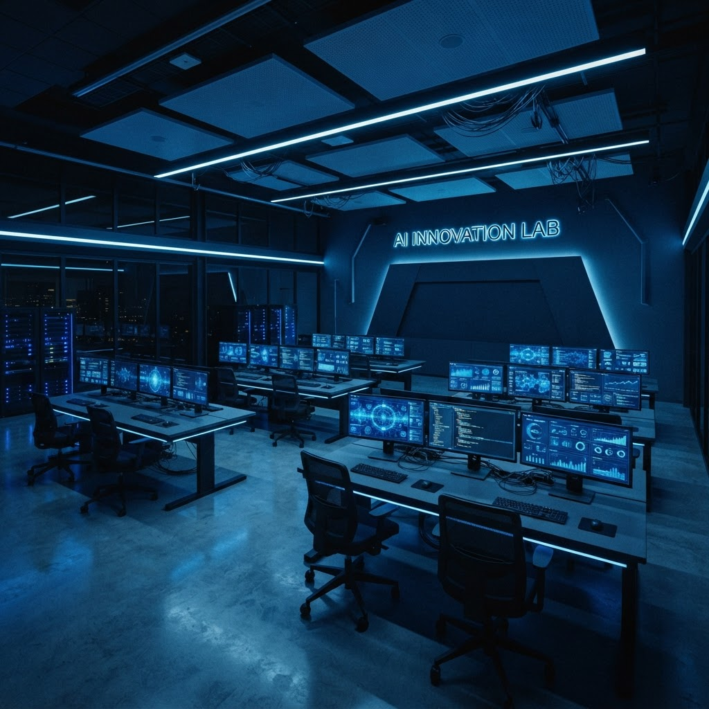 Modern AI Innovation Lab with monitors displaying data dashboards
