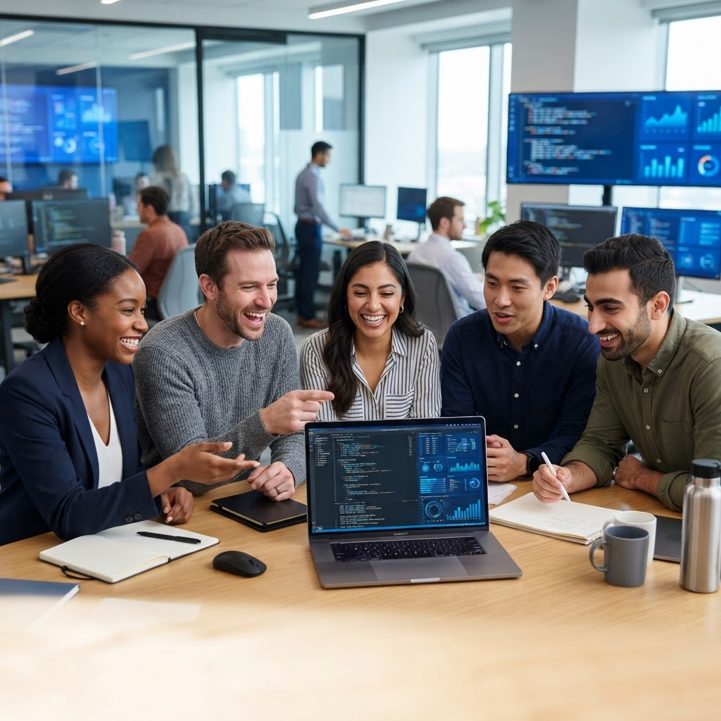 Diverse team of AI engineers collaborating around a laptop