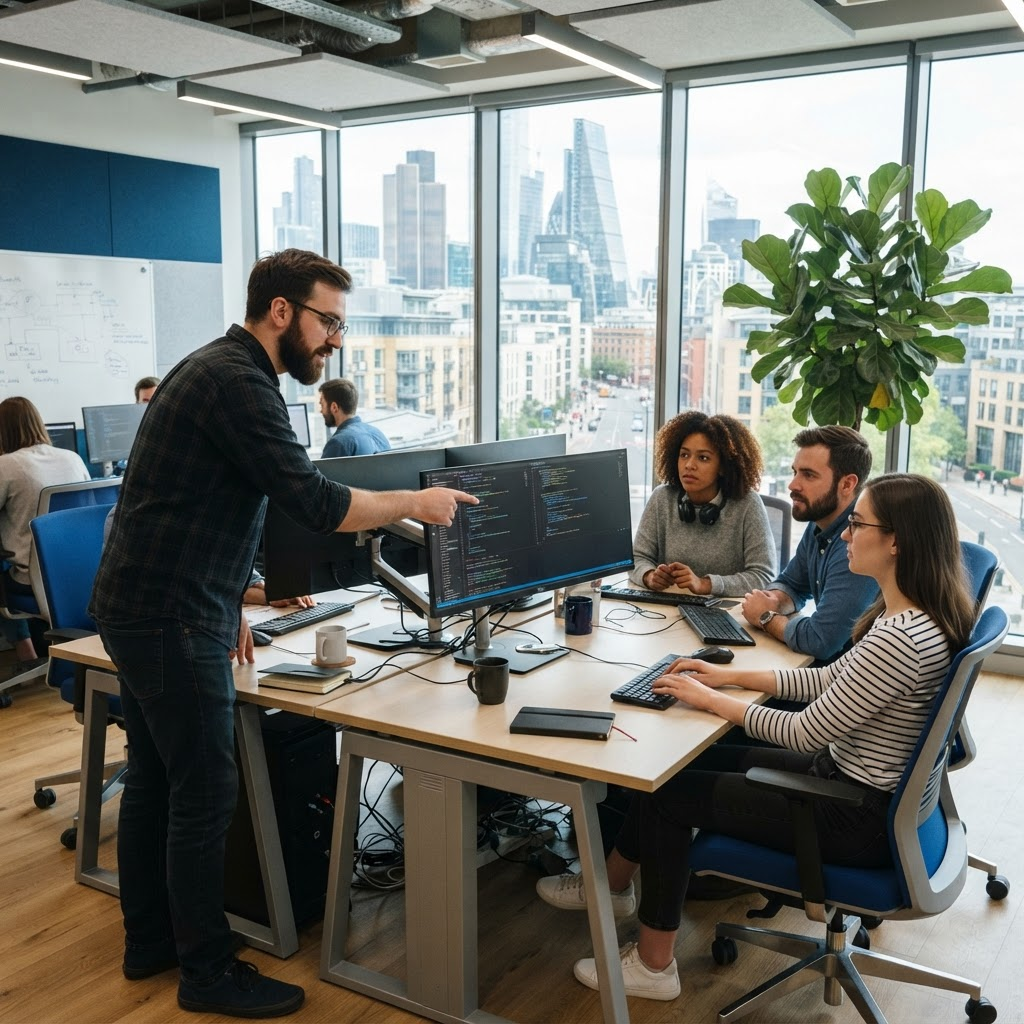 Software development team collaborating at desks with multiple code monitors in a modern office