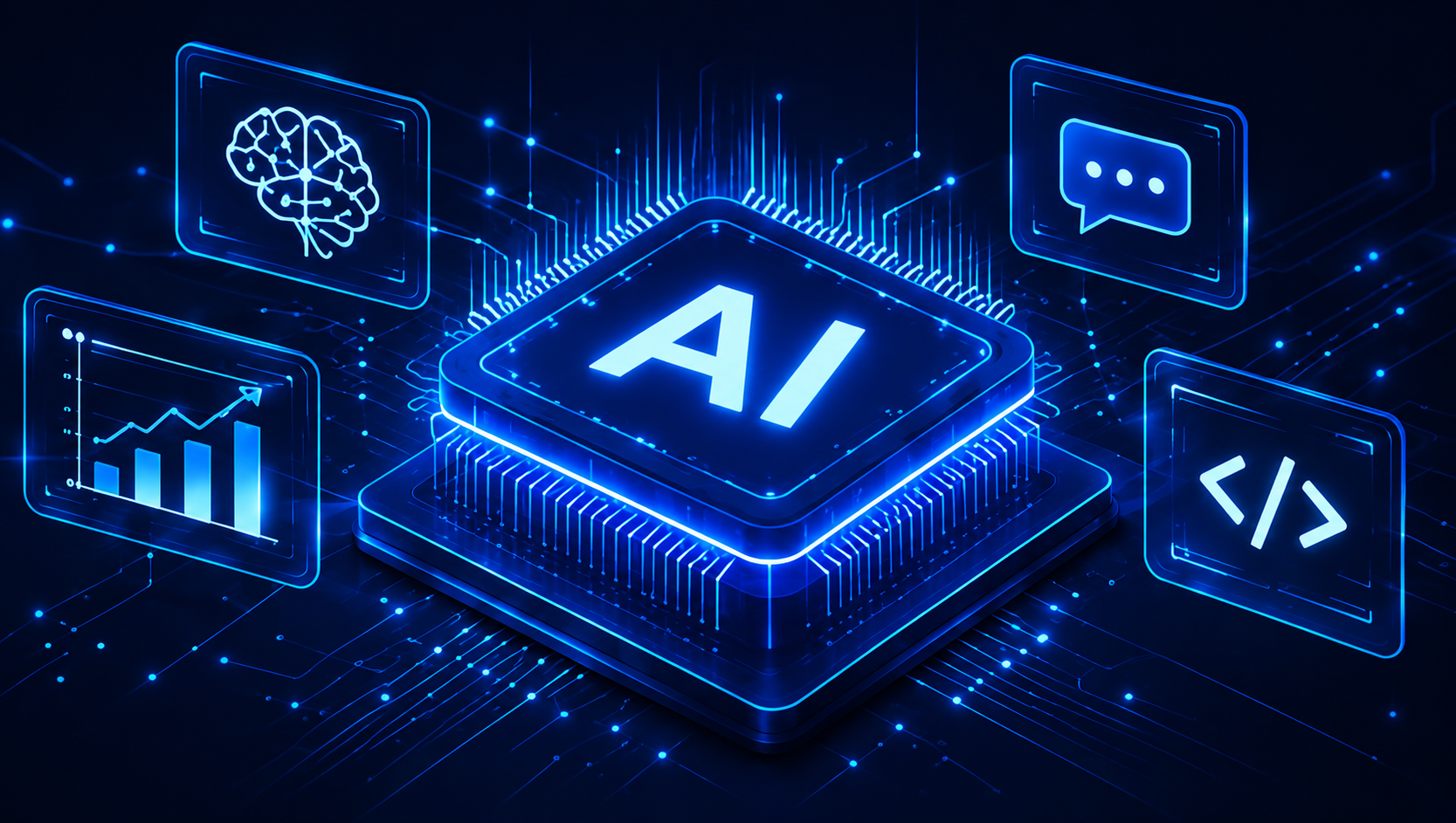 Glowing 3D AI microchip surrounded by holographic technology panels