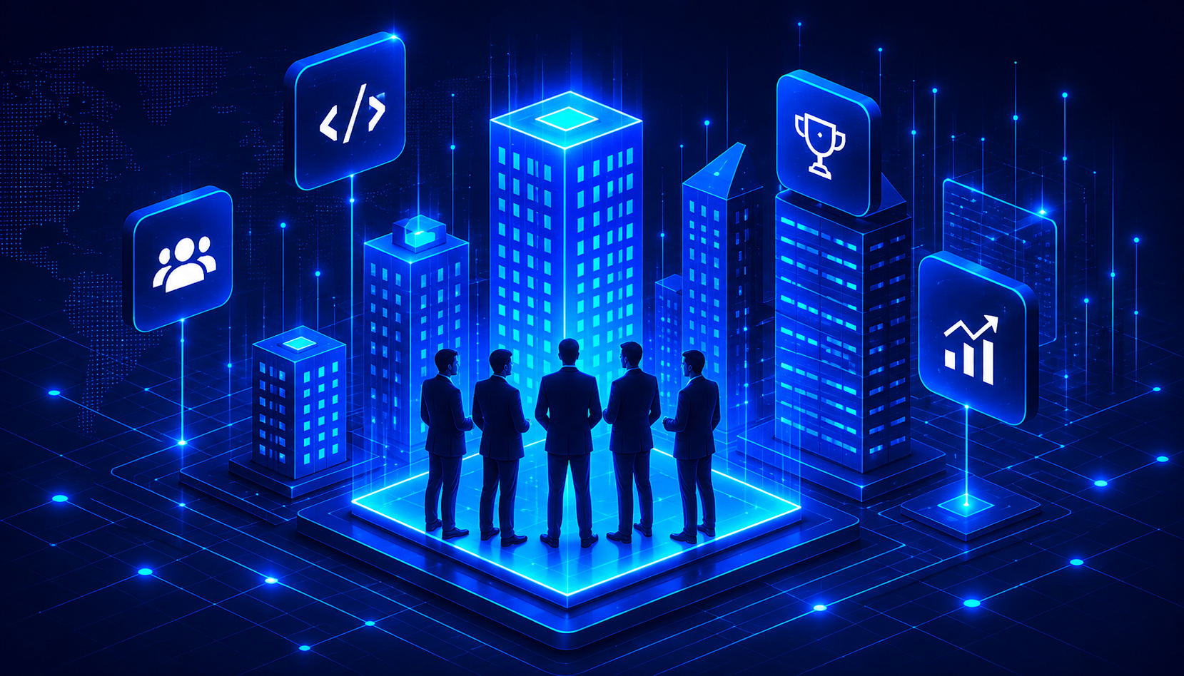 Isometric illustration of a glowing futuristic city with a team of professionals
