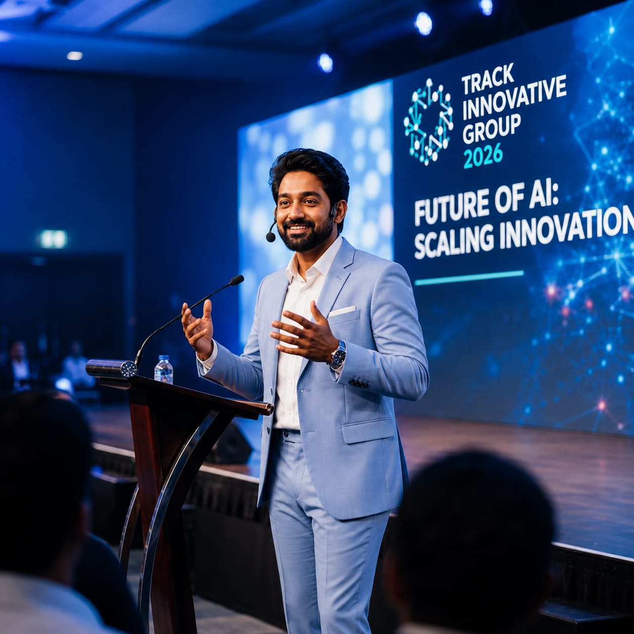 Vamshi Pasupuleti speaking at a technology conference