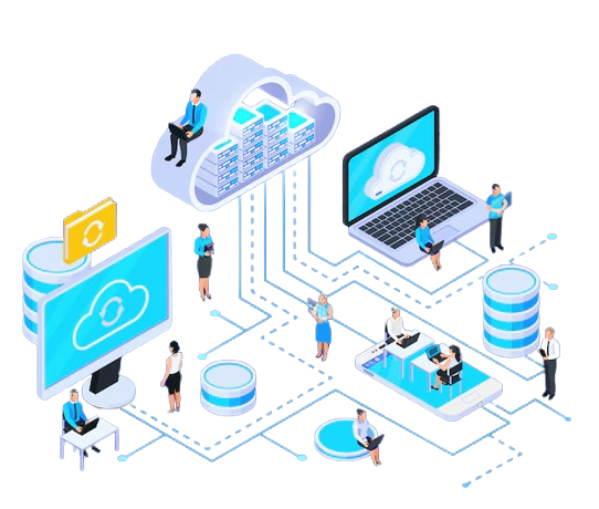 Cloud computing 3D illustration with server racks, security shield and laptop