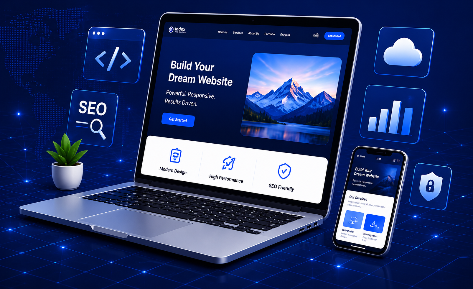 3D web development illustration with laptop, phone and floating icons